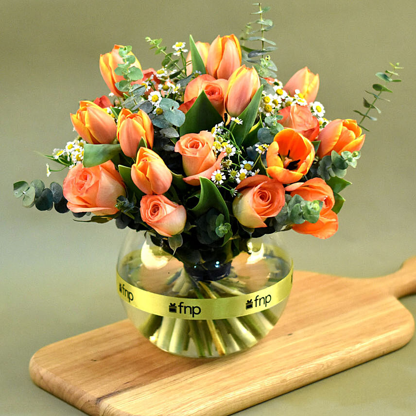Graceful Mixed Flowers Fish Bowl Vase: Tulips Flowers
