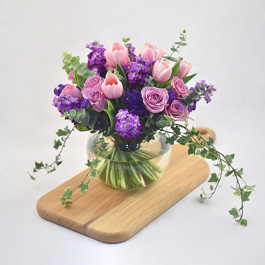 Mesmerising Mixed Flowers Fish Bowl Vase: Roses Bouquet
