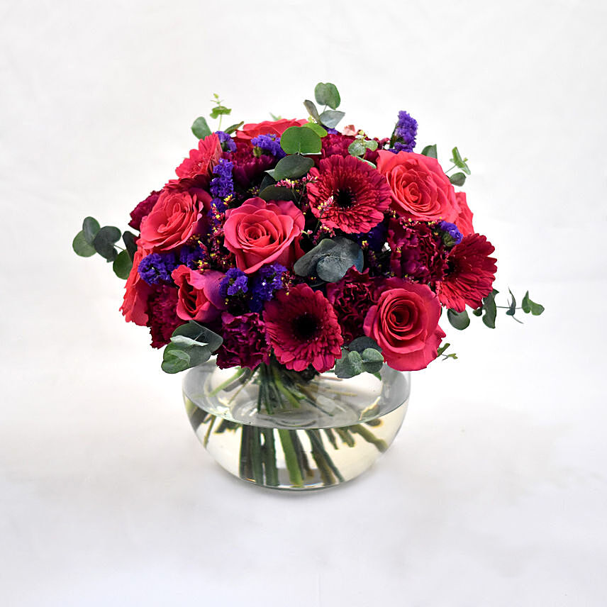 Ravishing Mixed Flowers Fish Bowl Vase: Red Bouquets