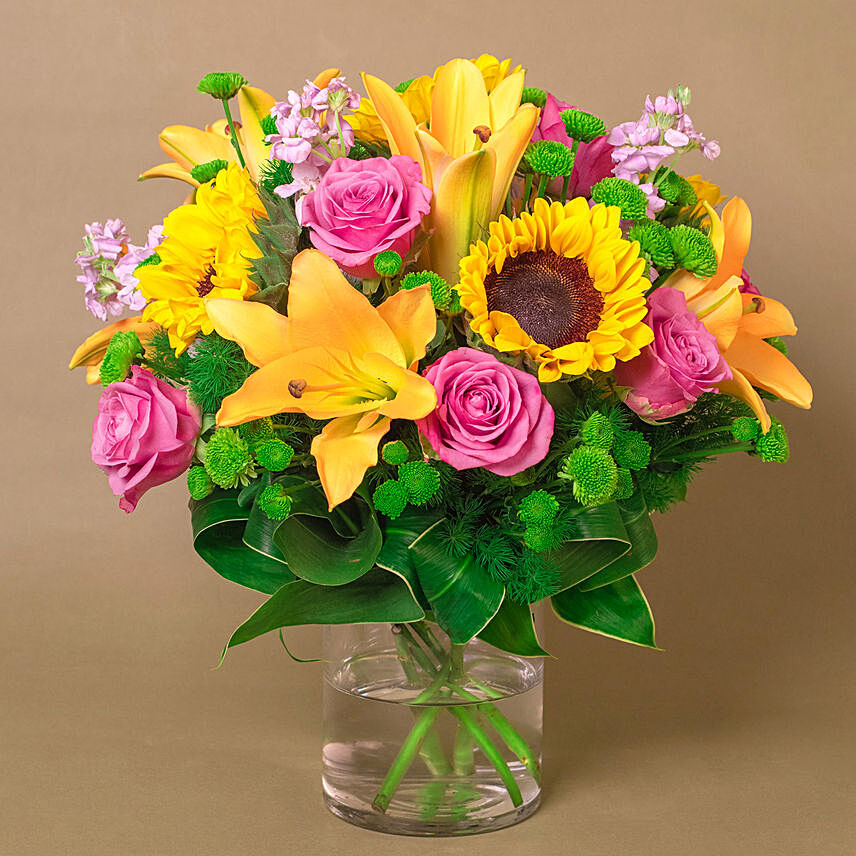 Vivid Bunch Of Flowers In Glass Vase: Boss Day Gifts