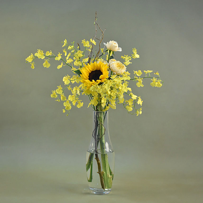 Gleaming Flowers Bottle Vase: Yellow Floral Bouquet