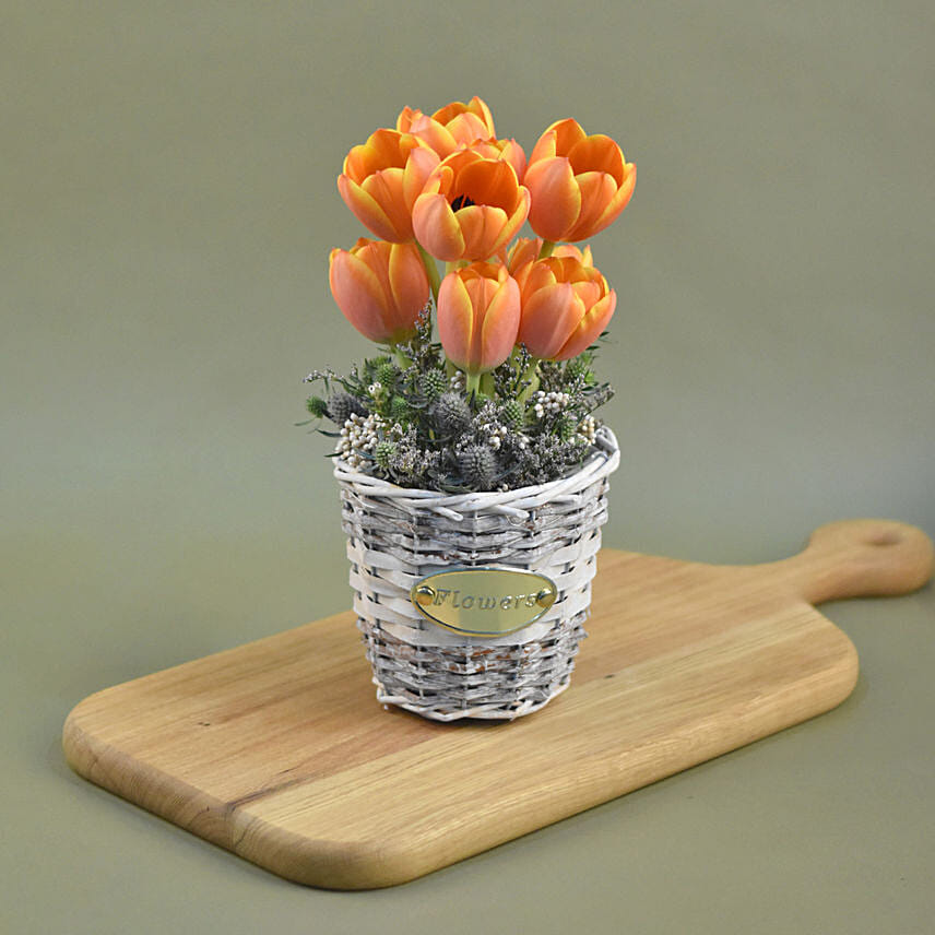 Orange Tulips Willow Basket: Orange Bouquets