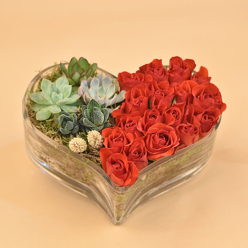 Red Roses & Succulents Heart Shaped Vase: Get Well Soon Flowers Singapore