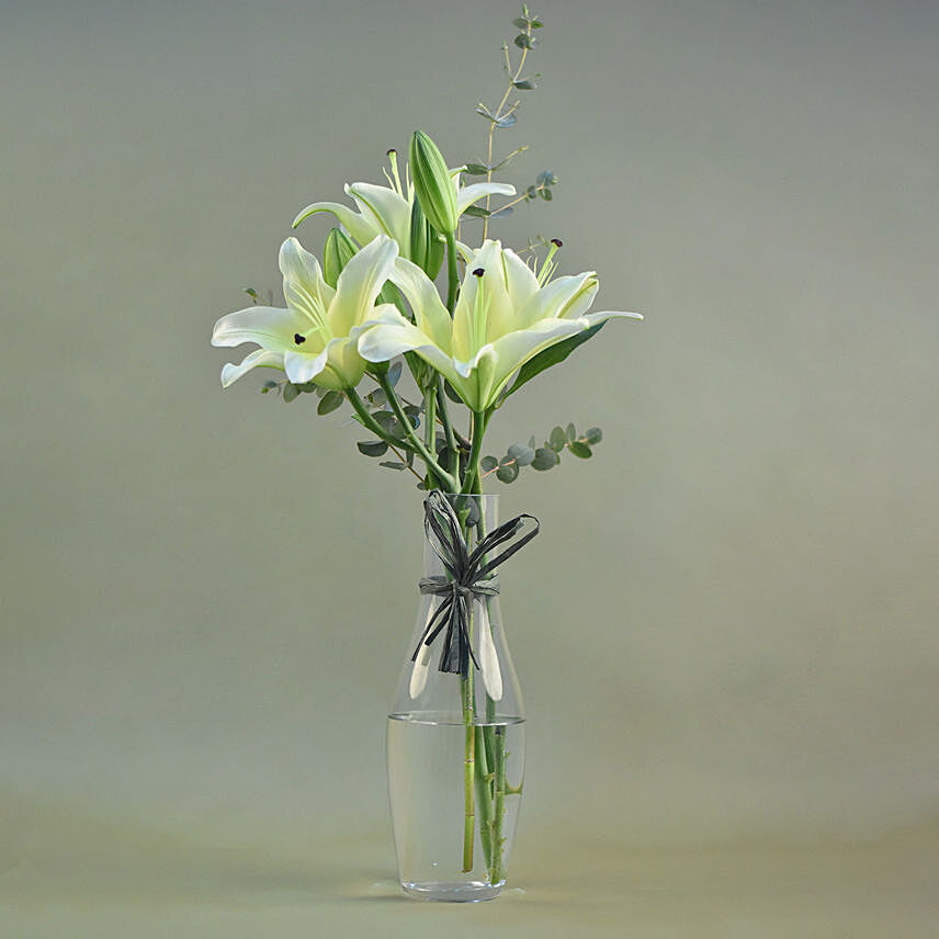 Serene Yellow Lily Bottle Vase: Lily Bouquet