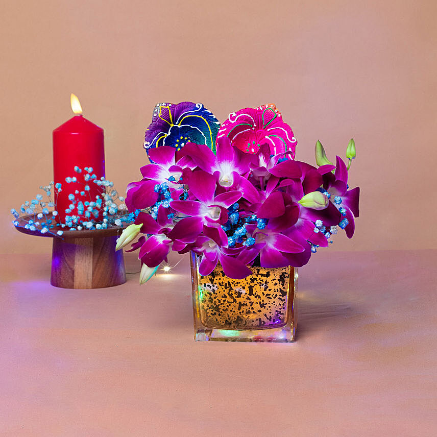 Orchids Vase N Diyas Diwali Combo: Flowers For Diwali