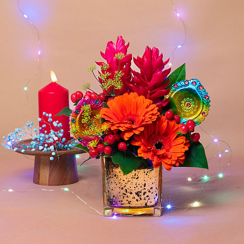 Charming Flowers Vase N Diyas Diwali Combo: Flowers For Diwali