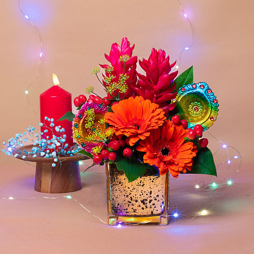 Charming Flowers Vase N Diyas Diwali Combo: Deepavali Gifts Singapore