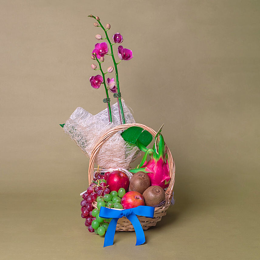Purple Orchids & Assorted Fruits Basket: Gift Hamper Delivery