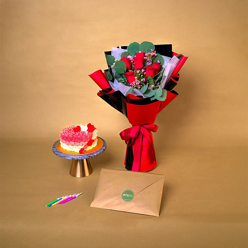 Roses N Chocolate Cake Surprise Combo: Flowers & Greeting Cards 