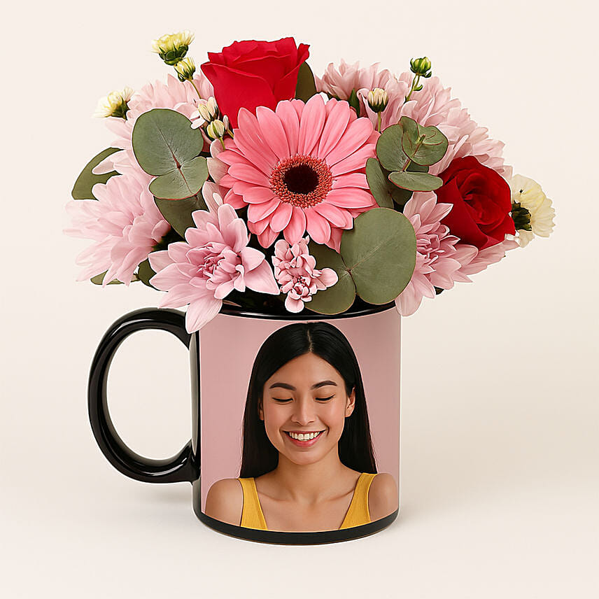 Ravishing Mixed Flowers In Personalised Mug: Flower Arrangements