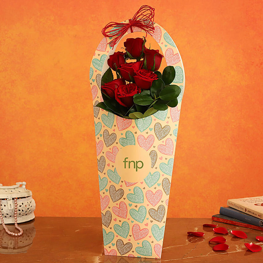 Red Roses In FNP Heart Sleeve: White Valentine's Day Flowers