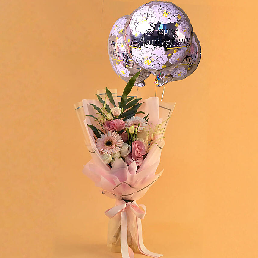 Dignified Mixed Flowers Bouquet with Anniversary Balloon Set: Balloons Singapore