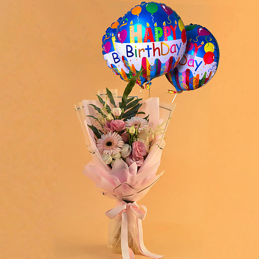 Dignified Mixed Flowers Bouquet with Birthday Balloon Set: Birthday Gifts for Wife