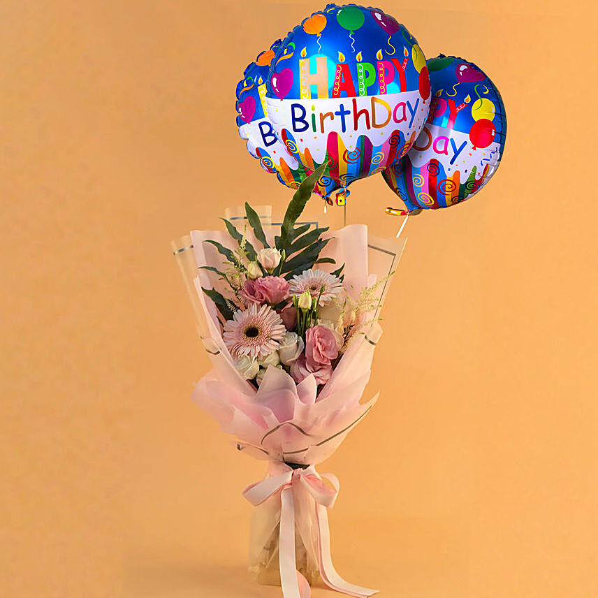 Dignified Mixed Flowers Bouquet with Birthday Balloon Set: Mixed Flowers Bouquet