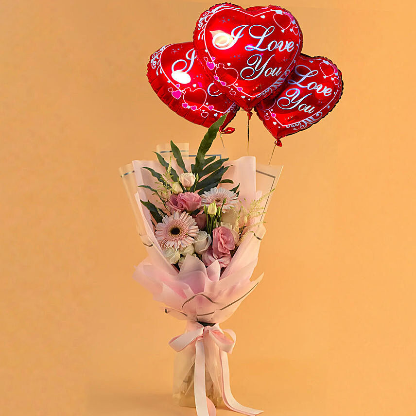 Dignified Mixed Flowers Bouquet with I Love You Balloon Set: Balloons Singapore