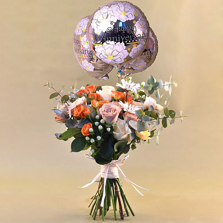 Flamboyant Mixed Flowers Bunch with Anniversary Balloon Set: Balloon Flower Bouquet