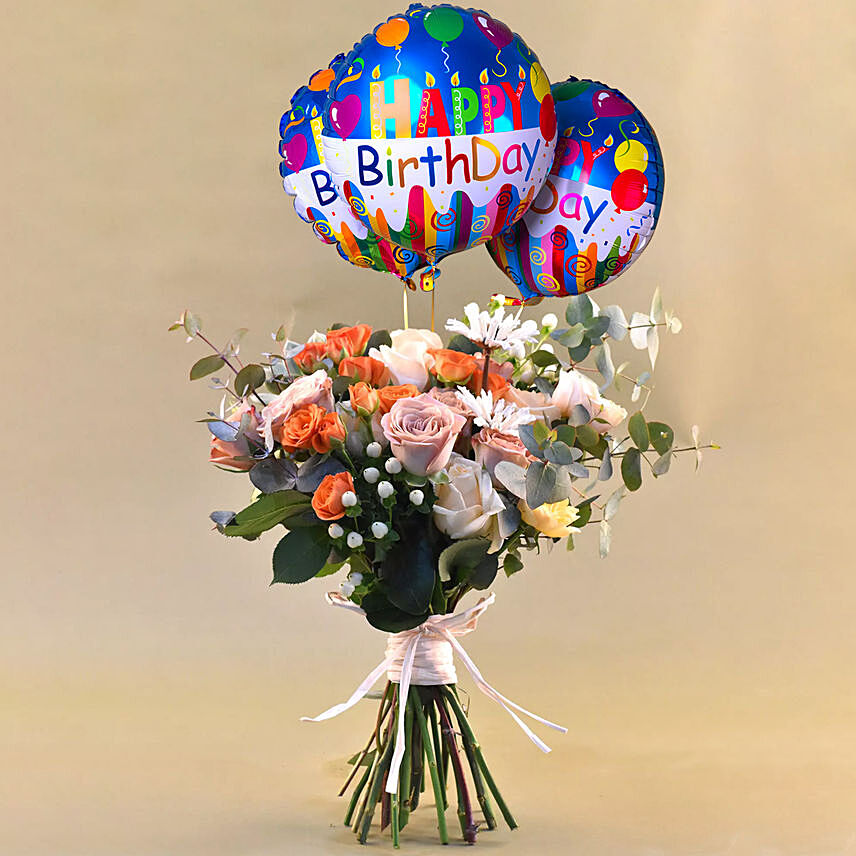 Flamboyant Mixed Flowers Bunch with Birthday Balloon Set: Daisy Flowers
