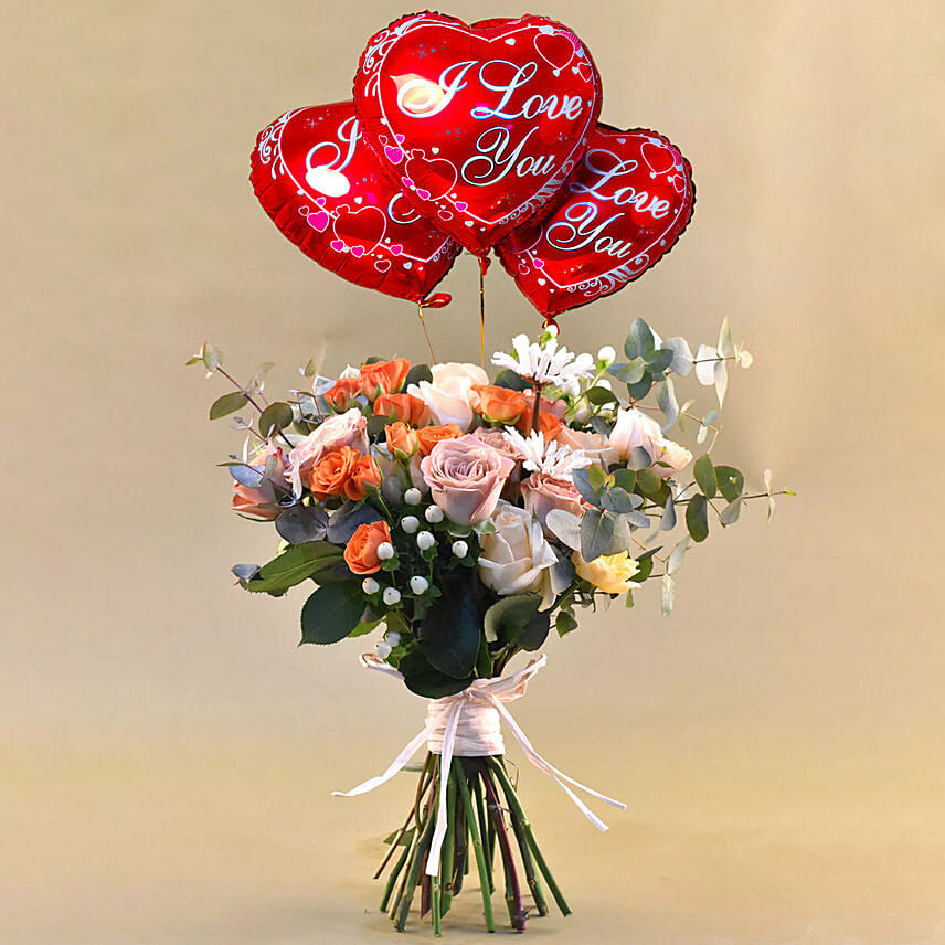 Flamboyant Mixed Flowers Bunch with I Love You Balloon Set: 