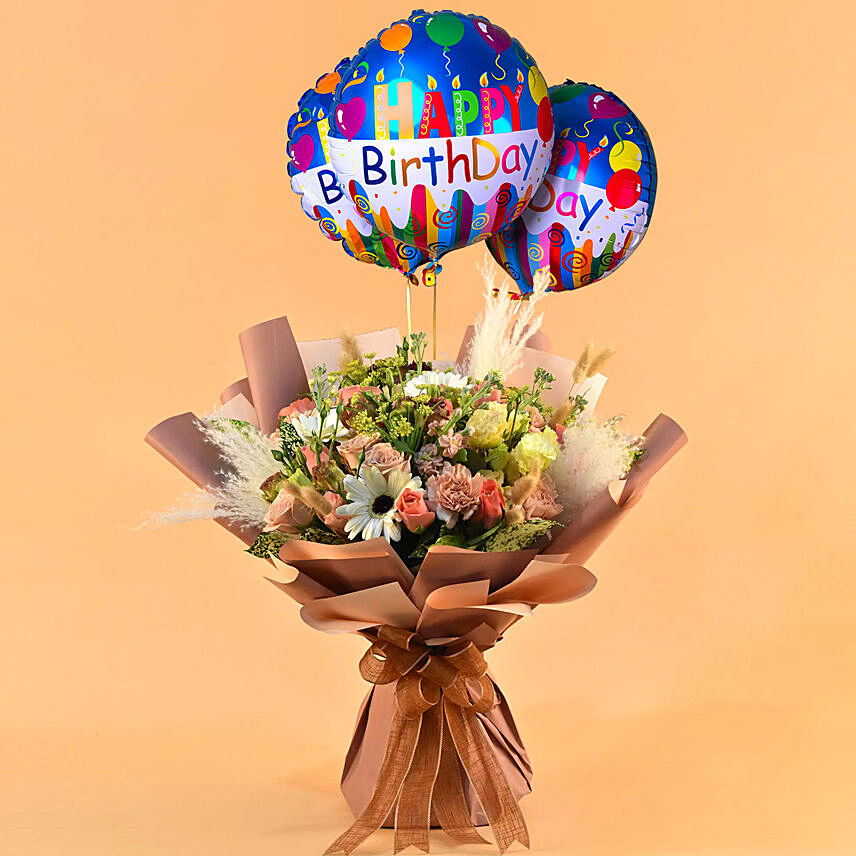 Glamorous Blooms Bouquet with Birthday Balloon Set: Balloon Flower Bouquet