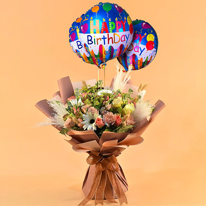 Glamorous Blooms Bouquet with Birthday Balloon Set: Mixed Flowers