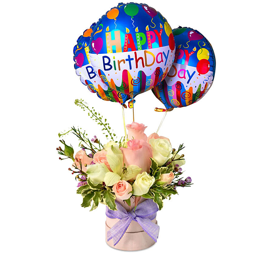 Mesmerising Floral Charm Arrangement with Birthday Balloon Set: Flowers N Balloons