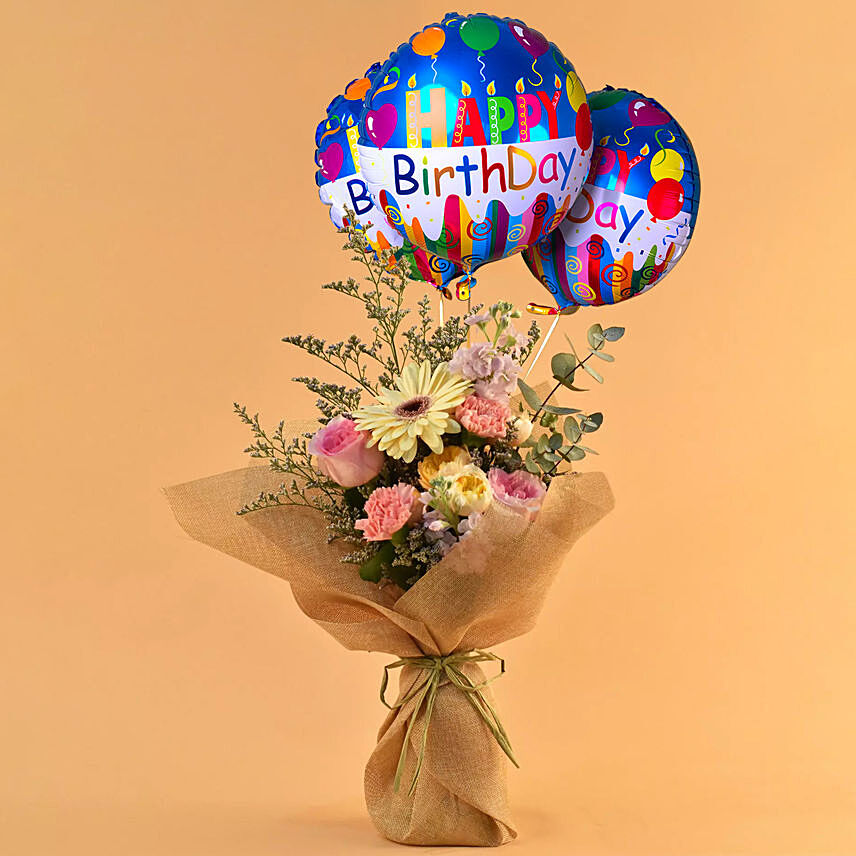 Pleasing Mixed Flowers Bouquet with Birthday Balloon Set: For Wife