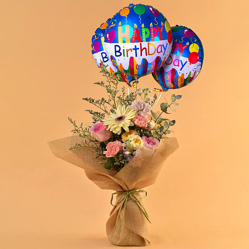 Pleasing Mixed Flowers Bouquet with Birthday Balloon Set: Balloon Flower Bouquet