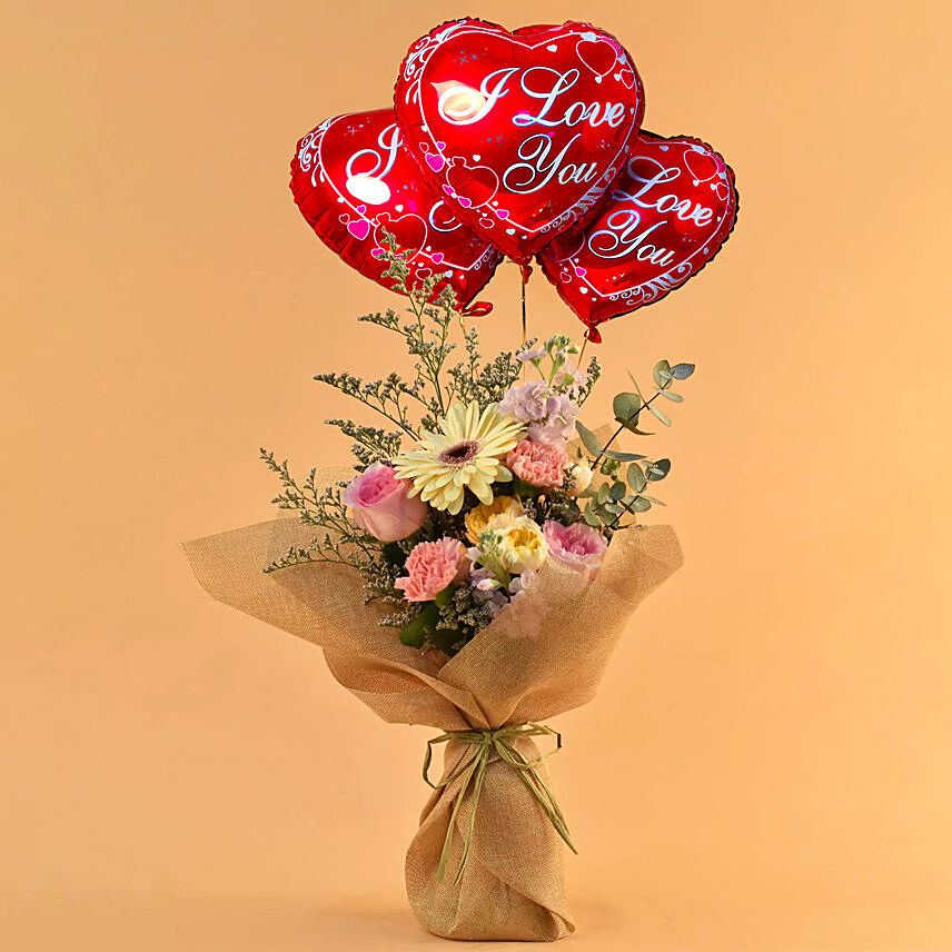 Pleasing Mixed Flowers Bouquet with I Love You Balloon Set: Balloon Flower Bouquet