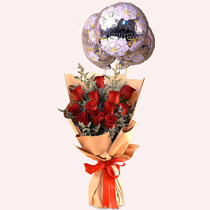 Red Roses & Limonium Beautifully Tied Bouquet with Anniversary Balloon Set: Balloon Flower Bouquet