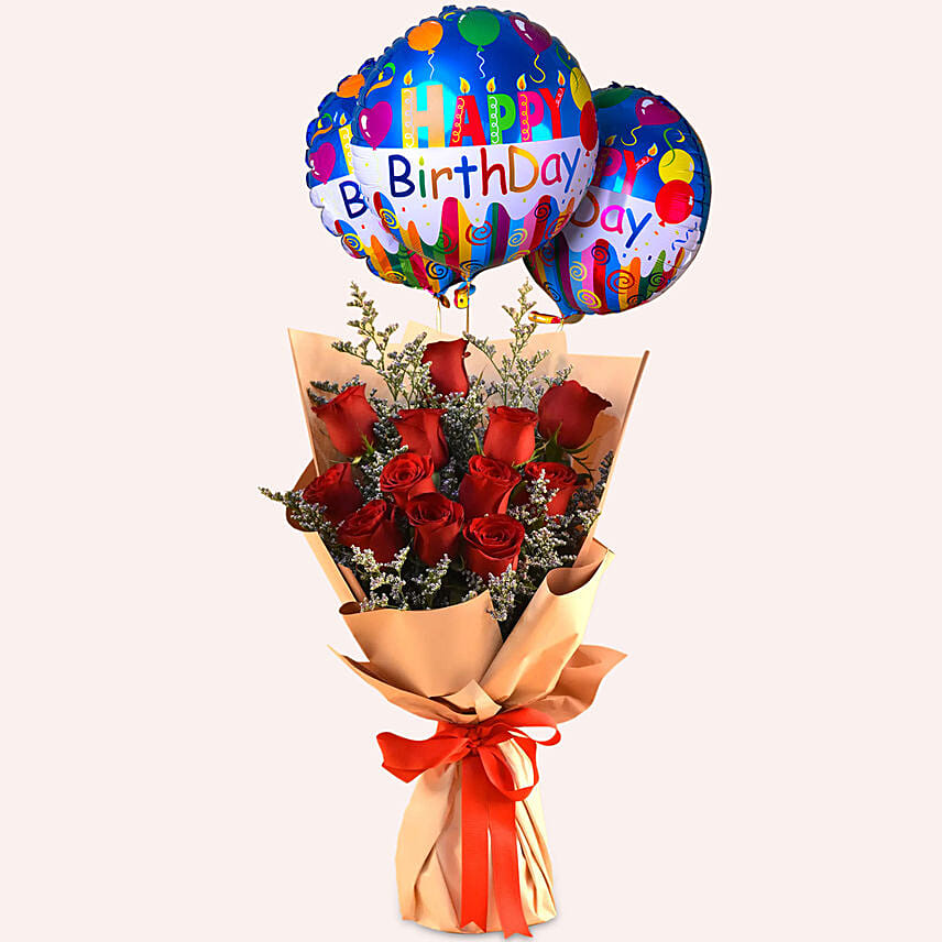 Red Roses & Limonium Beautifully Tied Bouquet with Birthday Balloon Set: Birthday Gifts for Wife
