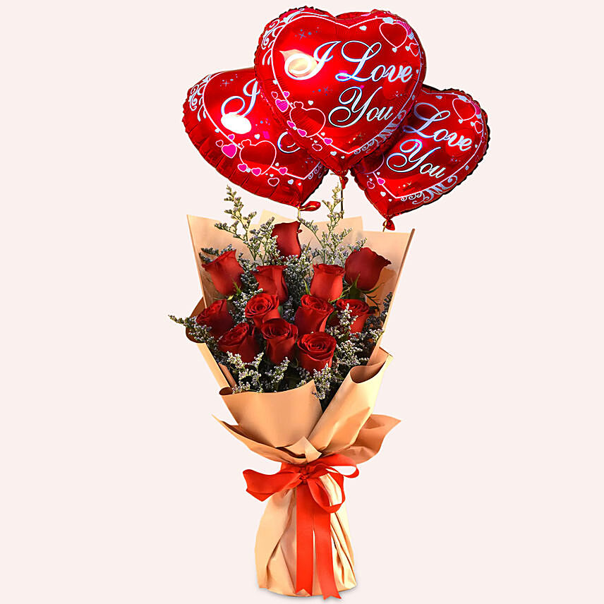Red Roses & Limonium Beautifully Tied Bouquet with I Love You Balloon Set: 