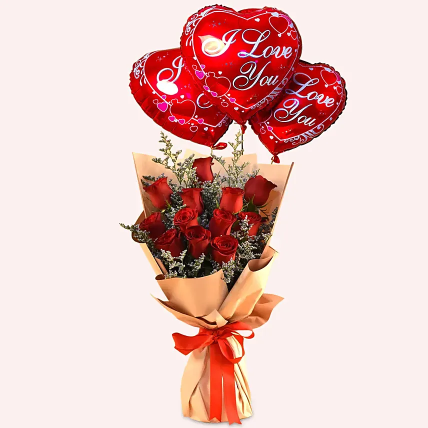 Red Roses & Limonium Beautifully Tied Bouquet with I Love You Balloon Set: Romantic Gifts