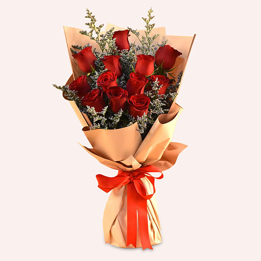 Red Roses & Limonium Beautifully Tied Bouquet: Karwa Chauth Gifts