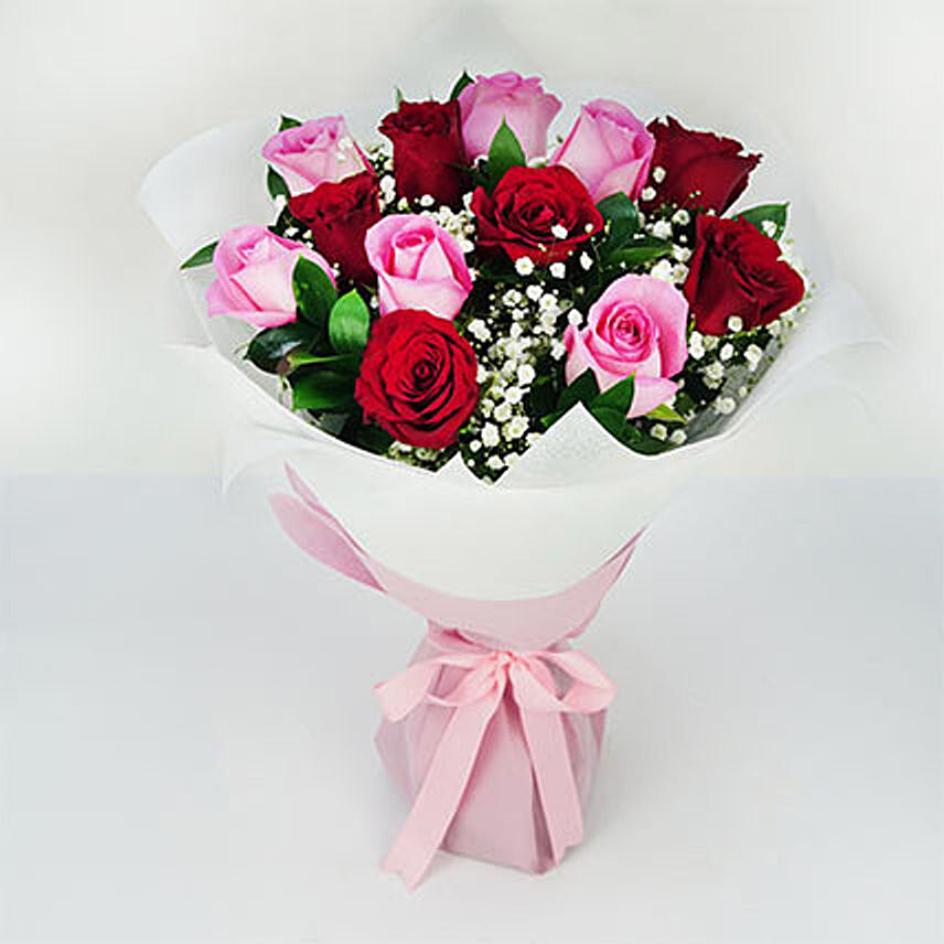 6 Pink & 6 Red Roses Pretty Bouquet: Valentine Rose Delivery