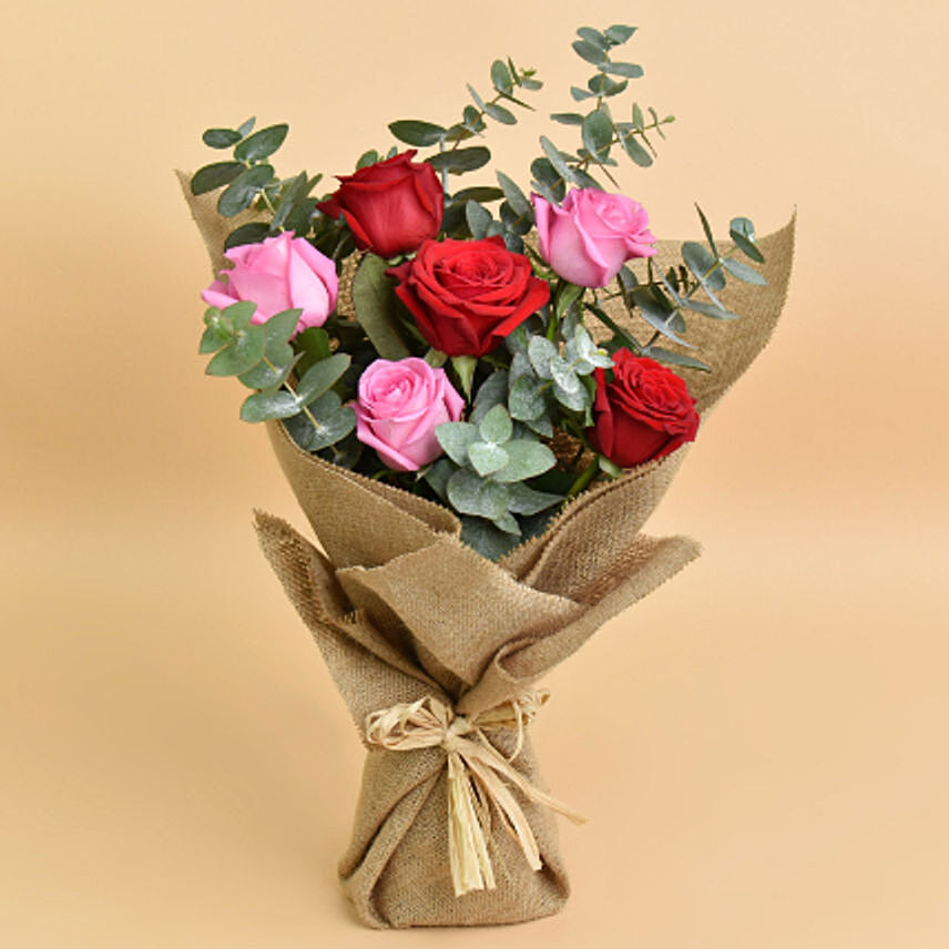 3 Pink 3 Red Roses Valentines Bouquet: Vday Gifts For Her
