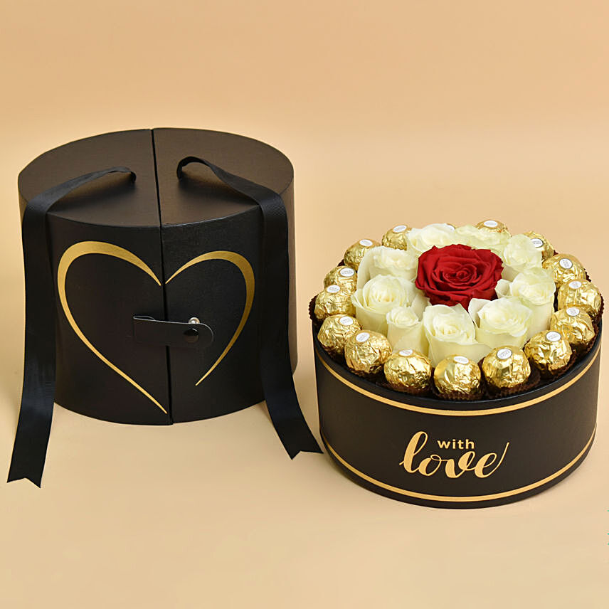 Roses with Chocolate In Black Love Box: Valentine's Day Chocolates