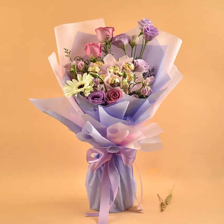 Mixed Flowers & Ferrero Rocher Bouquet: Bouquet of Flowers and Chocolates