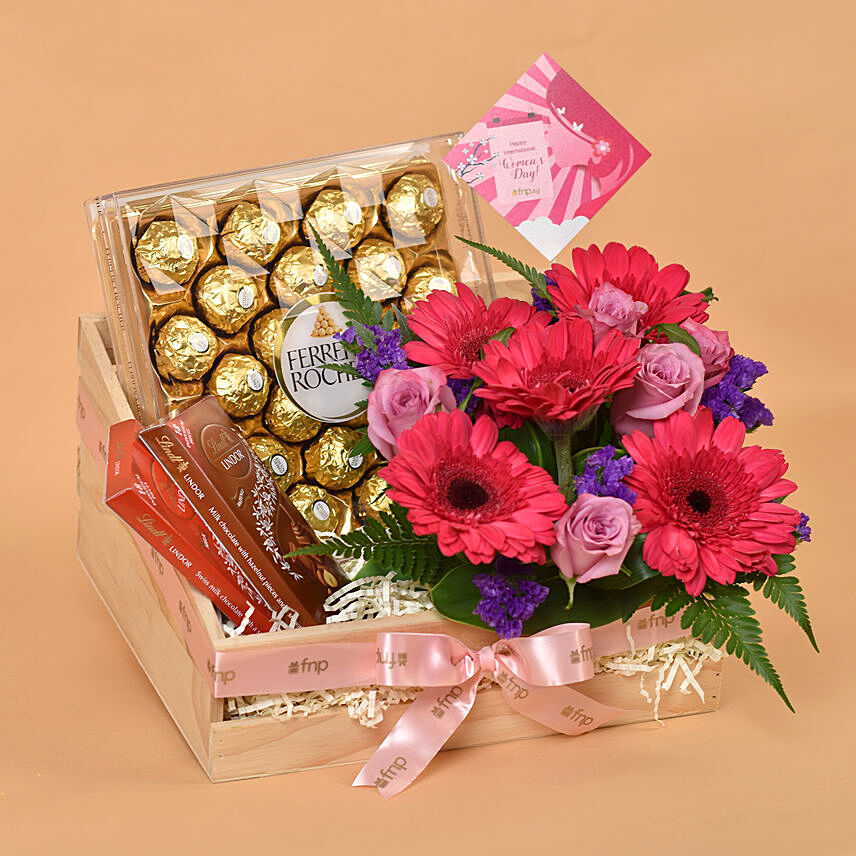 Flowers & Chocolates Wooden Crate Hamper for Women's Day: Women's Day Gifts