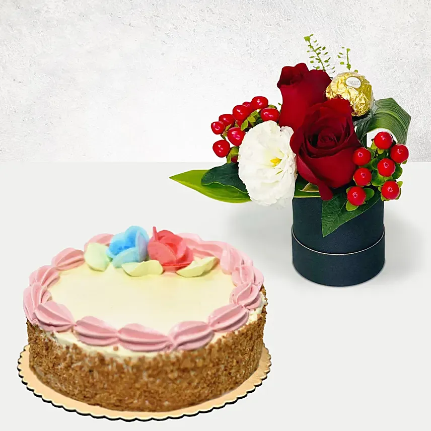 Box Of Roses With Butter Sponge Cake: Combo Gifts