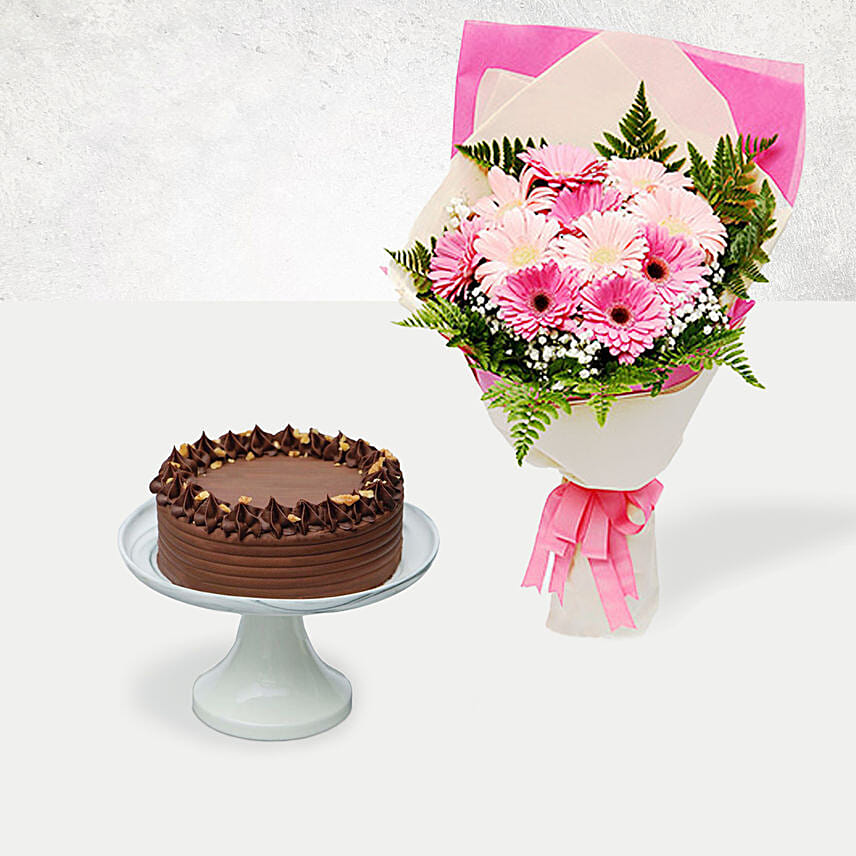 Chocolate Brownie Cake & Pink Gerbera Bouquet: Birthday Cakes