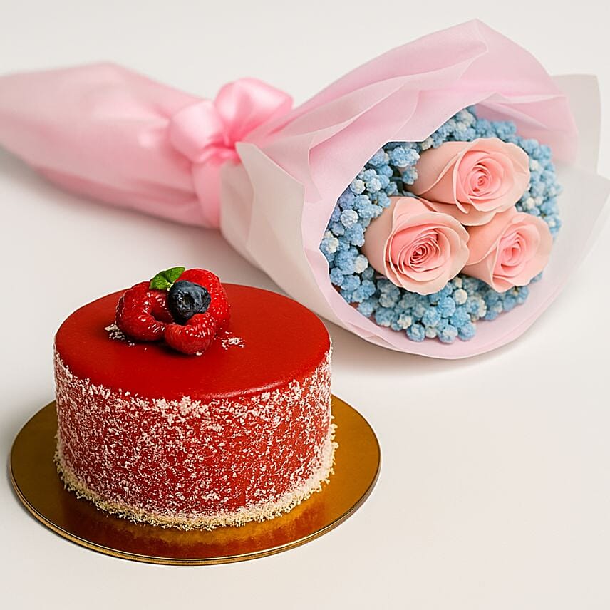 Lovely Pink Rose Baby Breath Bouquet With Mini Mousse Cake: Gift Combos Singapore