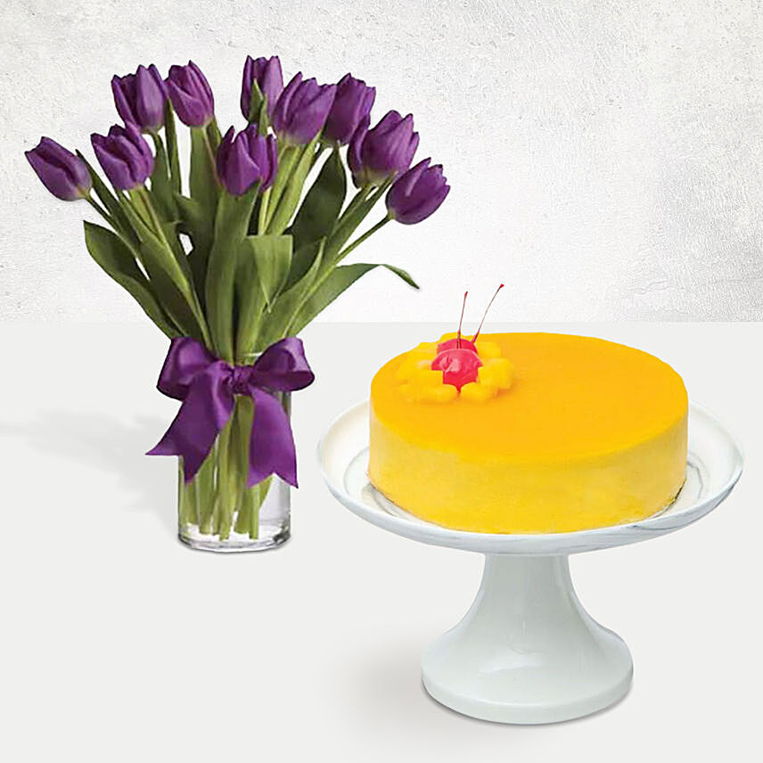 Mango Mousse Cake & Royal Purple Tulips: Flowers And Cake For Anniversary