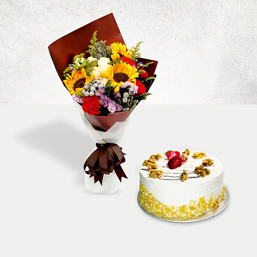 Mocha Cake and Beautiful Floral Bouquet: For Anniversary
