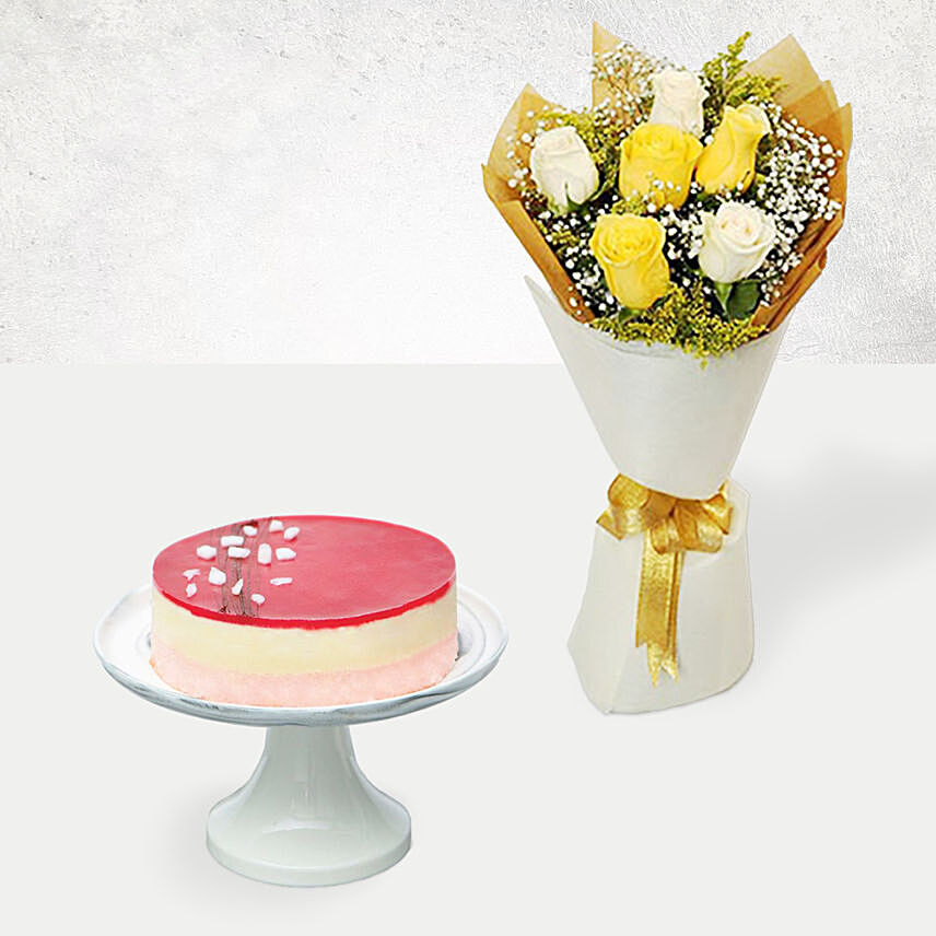 Raspberry Lychee Rose Cake & Happy Roses Posy: For Anniversary