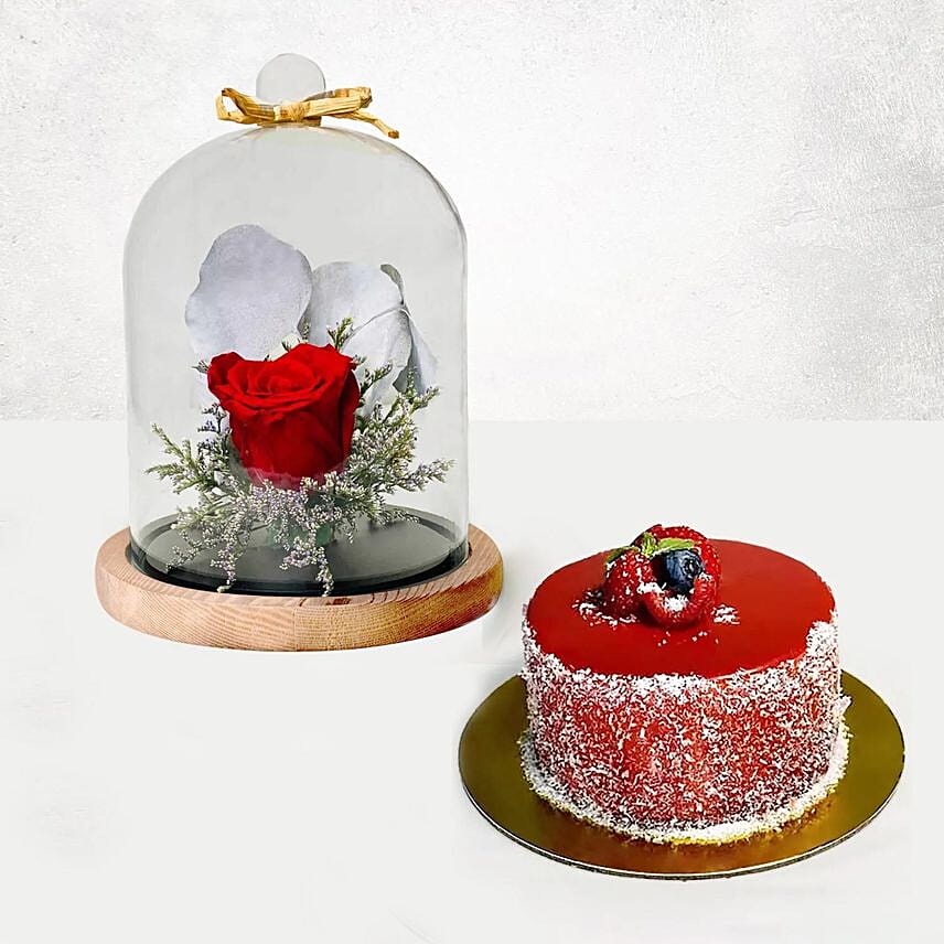 Red Forever Rose With Mini Mousse Cake: Flowers And Cake For Anniversary