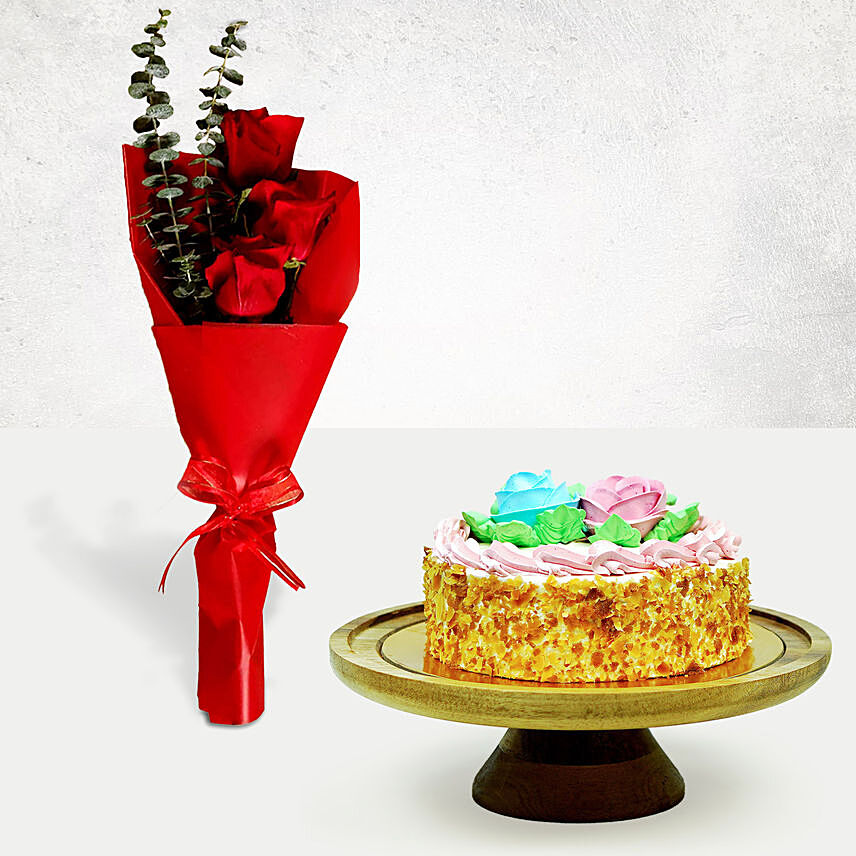 Roses Bouquet With Butter Sponge Cake: Red Flowers
