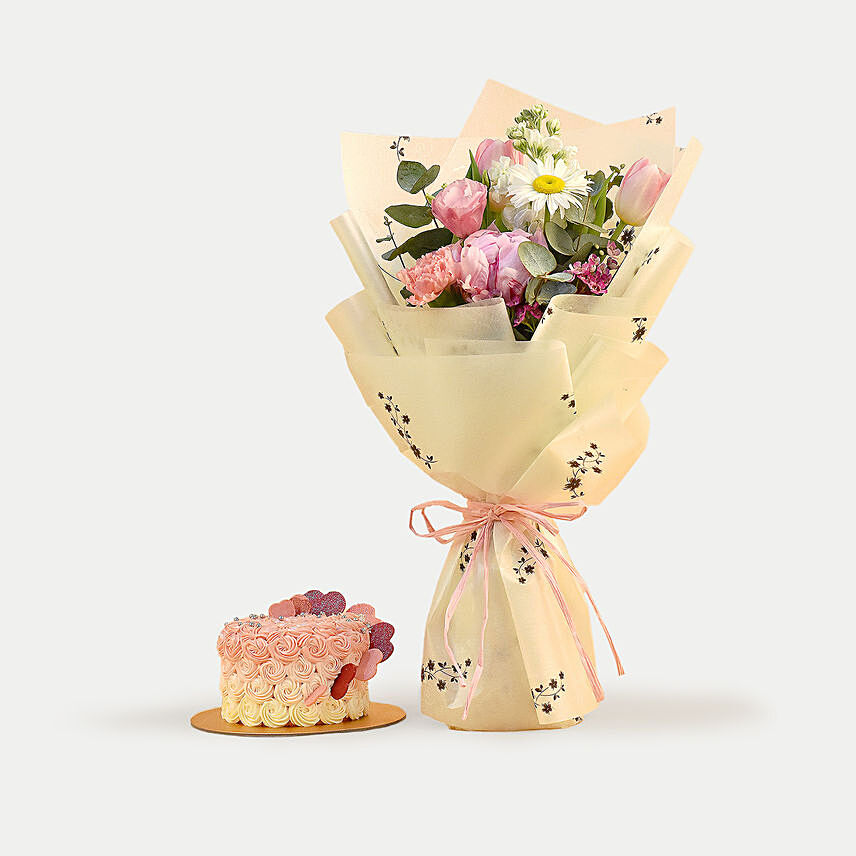 Beautiful Mixed Flowers Bouquet & Floral Heart Choco Cake: Flower Arrangements With Cake