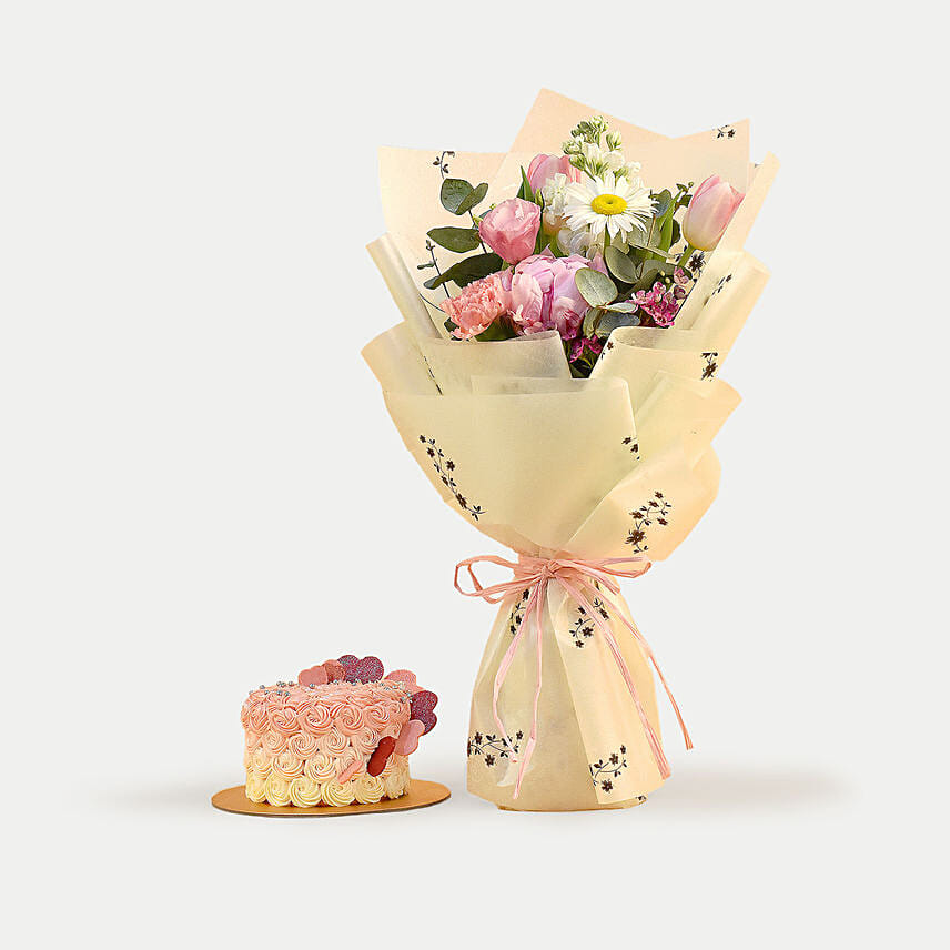 Beautiful Mixed Flowers Bouquet & Floral Heart Choco Cake: Wedding Anniversary Cake