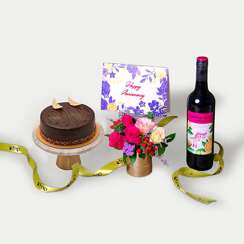 Anniversary Wishes Gift Arrangement: Flowers with Wine