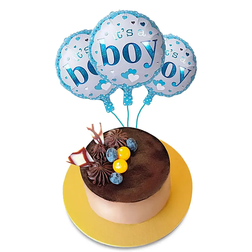 Tempting Chocolate Cake With It's Boy Balloons Set: New Born Cakes 